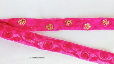 Wholesale Fuchsia Pink Net Lace Trim Floral Embroidery & Glitter Gold Sequins Indian Wedding Giftwrap Ribbon, Crafting Decorative Trimming